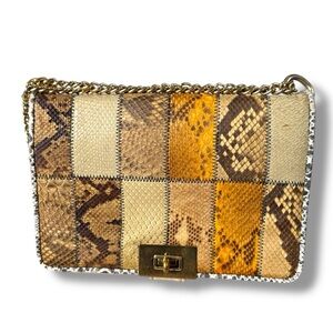 Vtg Kent Zipper Patchwork Snakeskin Print Shoulder Bag purse yellow gold chain
